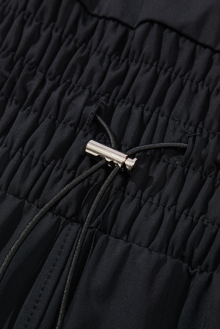 Black Plain Sleeveless Loop Drawstring Cinched Waist Romper