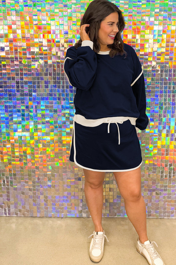 Navy Blue Plus Color Block Drop Shoulder Top and Lace-up Skirt Outfit
