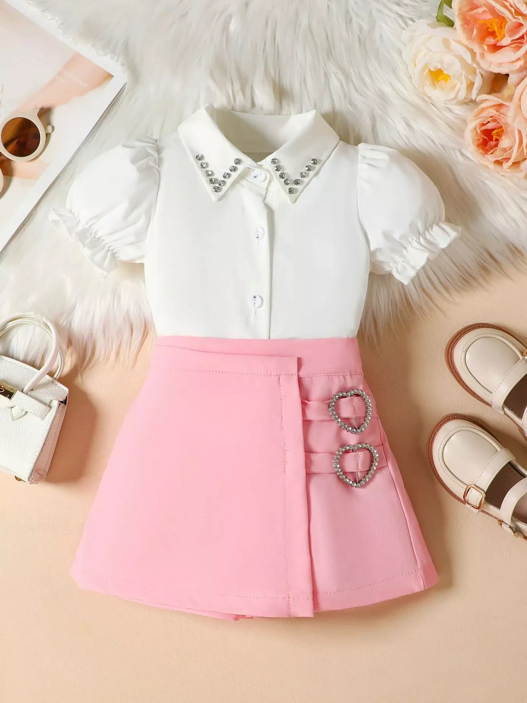 Children’s Rhinestone Collar Blouse & Heart Buckle Skirt Set