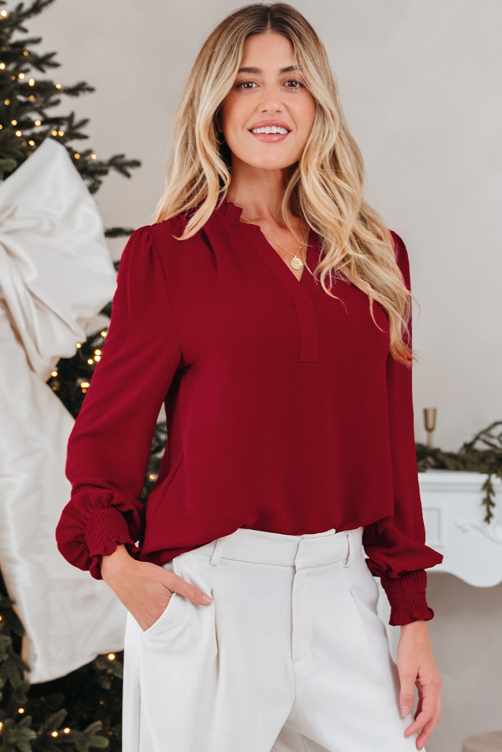 Burgundy Notched Neck Shirred Cuff Long Sleeve Blouse