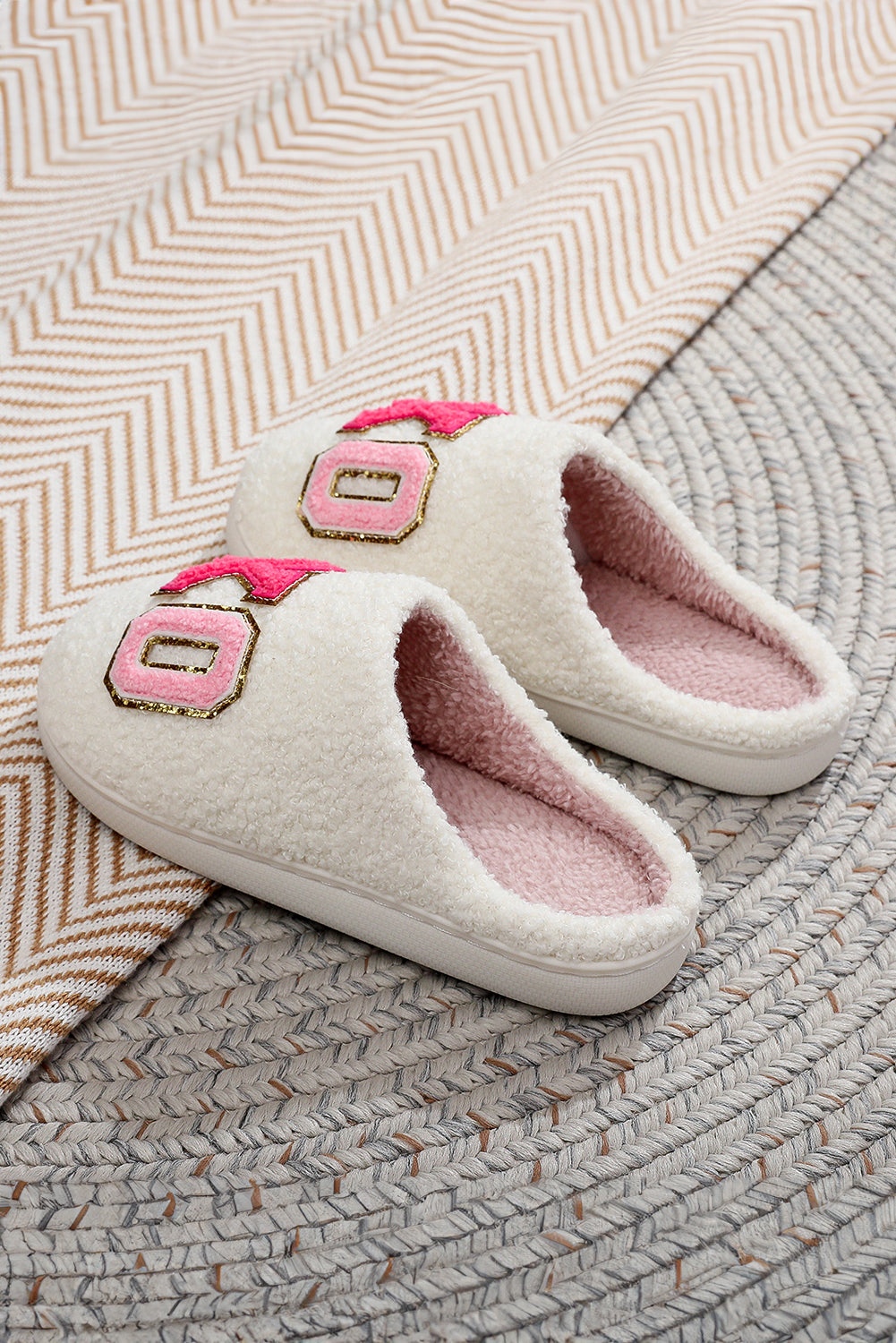 White XO XO Glitter Trim Letter Patched Plush House Slippers