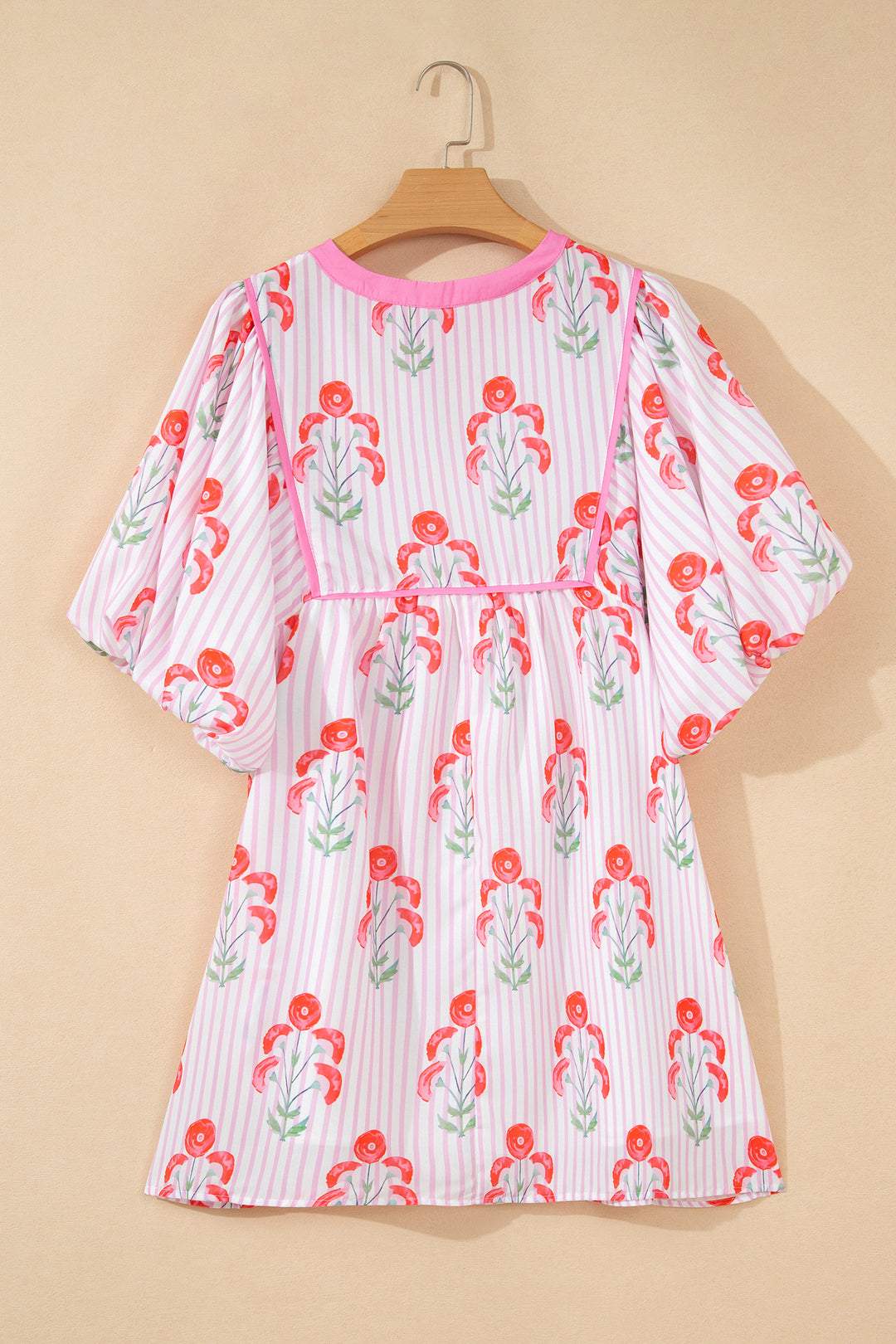 Pink Floral Striped Print Tie Notched Neck Puff Sleeve Flared Mini Dress