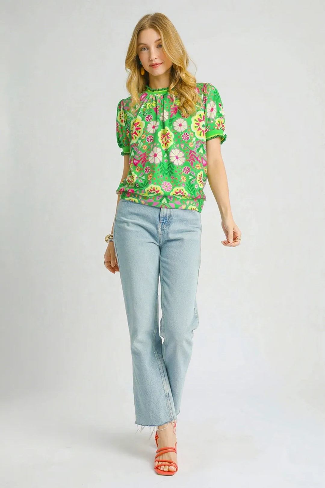 Umgee Retro Floral Puff Sleeve Top