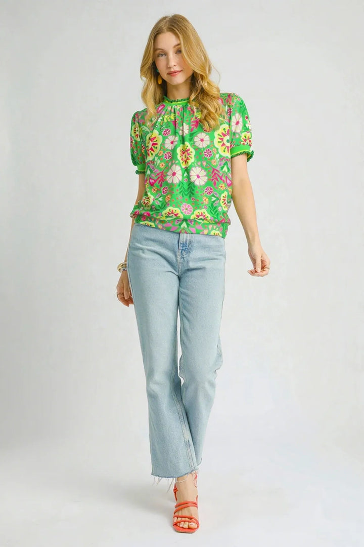 Umgee Retro Floral Puff Sleeve Top