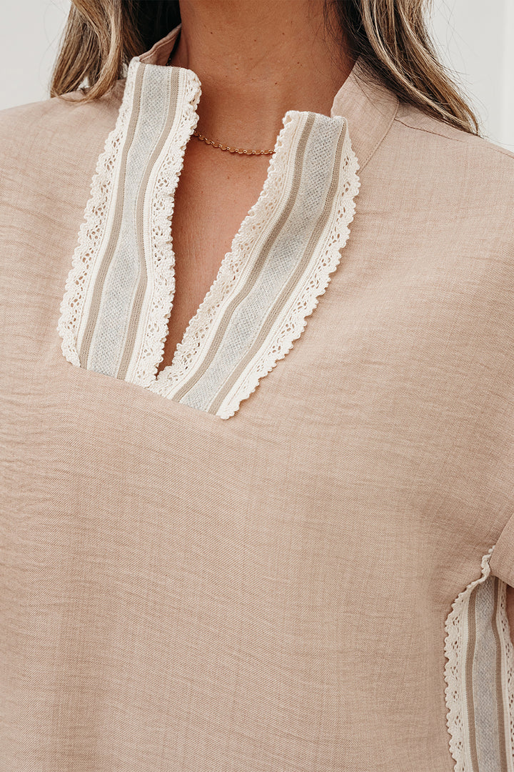 Parchment Crochet Lace Accent Pullover Rolled Short Sleeve Blouse
