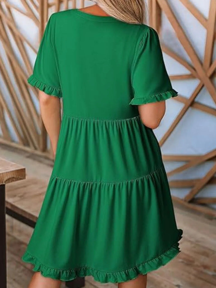 Tiered Notched Short Sleeve Mini Dress