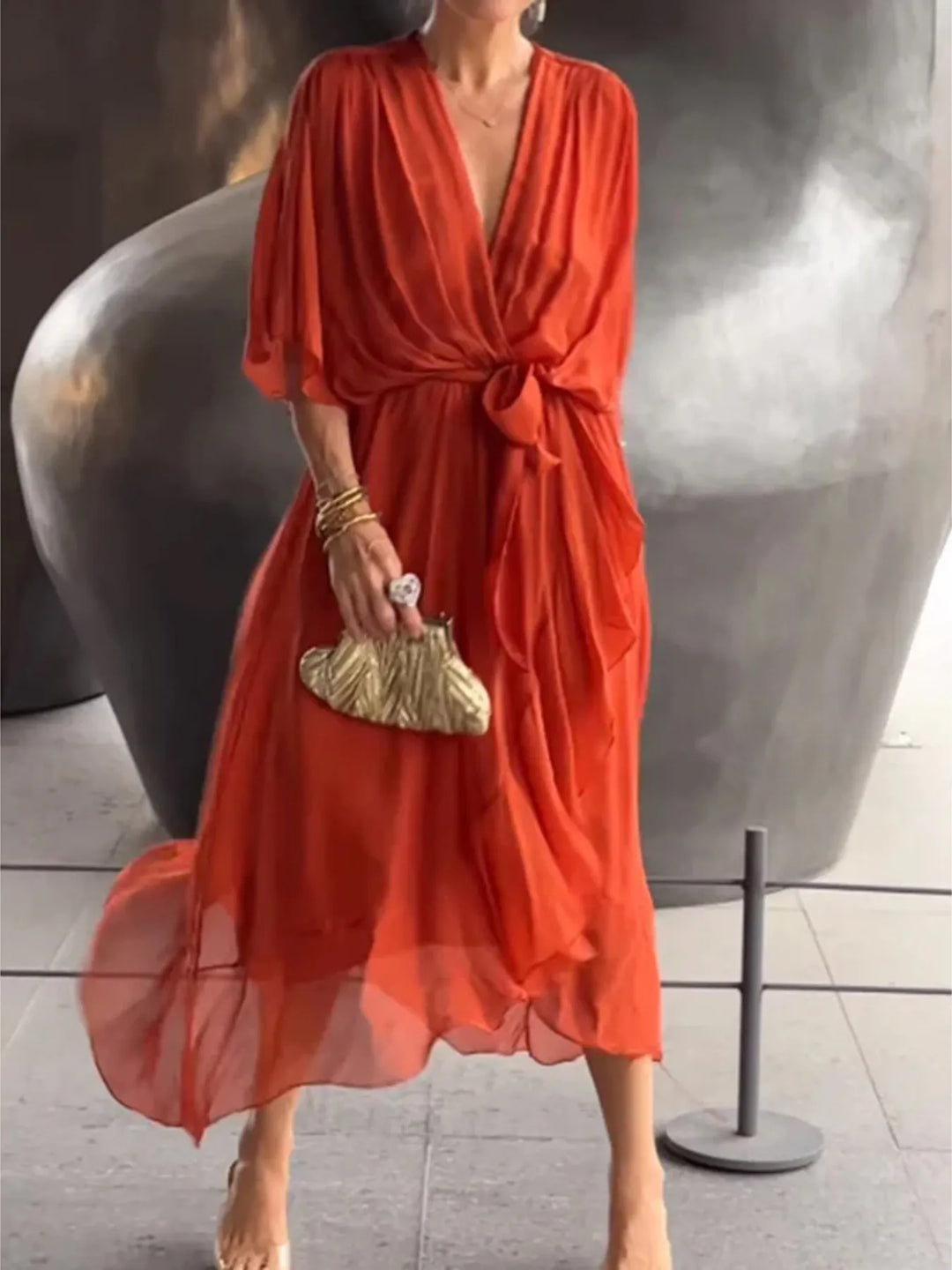 Full Size Flowy Tie Front Midi Dress with Flutter Sleeves Plus Size