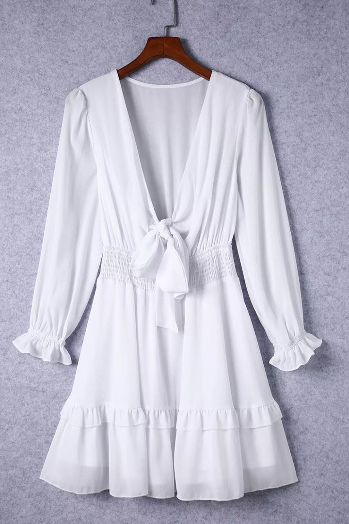 Elegant Tie-Front Ruffle Mini Dress with Smocked Wiast