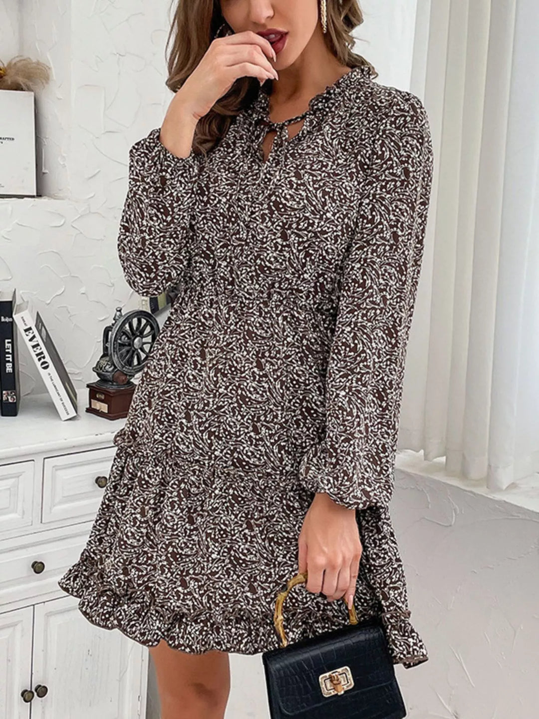 Ruffle Hem Tie Neck Mini Dress