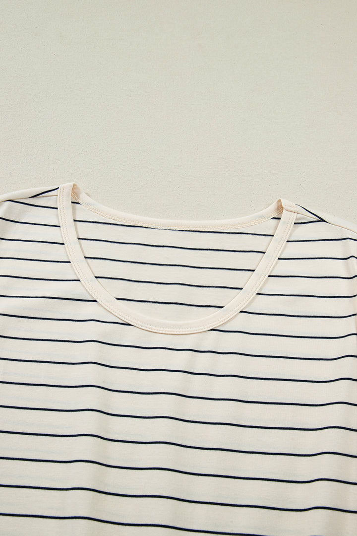Beige Stripe Drawstring Tunic Tank Mini Dress with Pockets