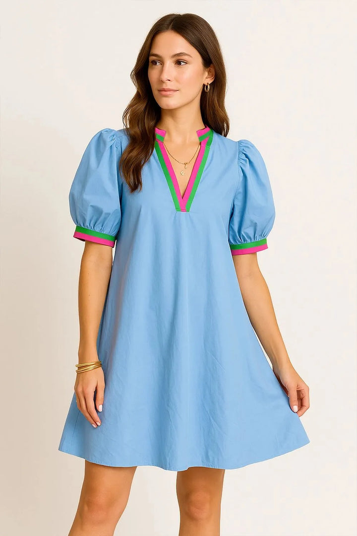 Notched Puff Sleeve Swing Dress