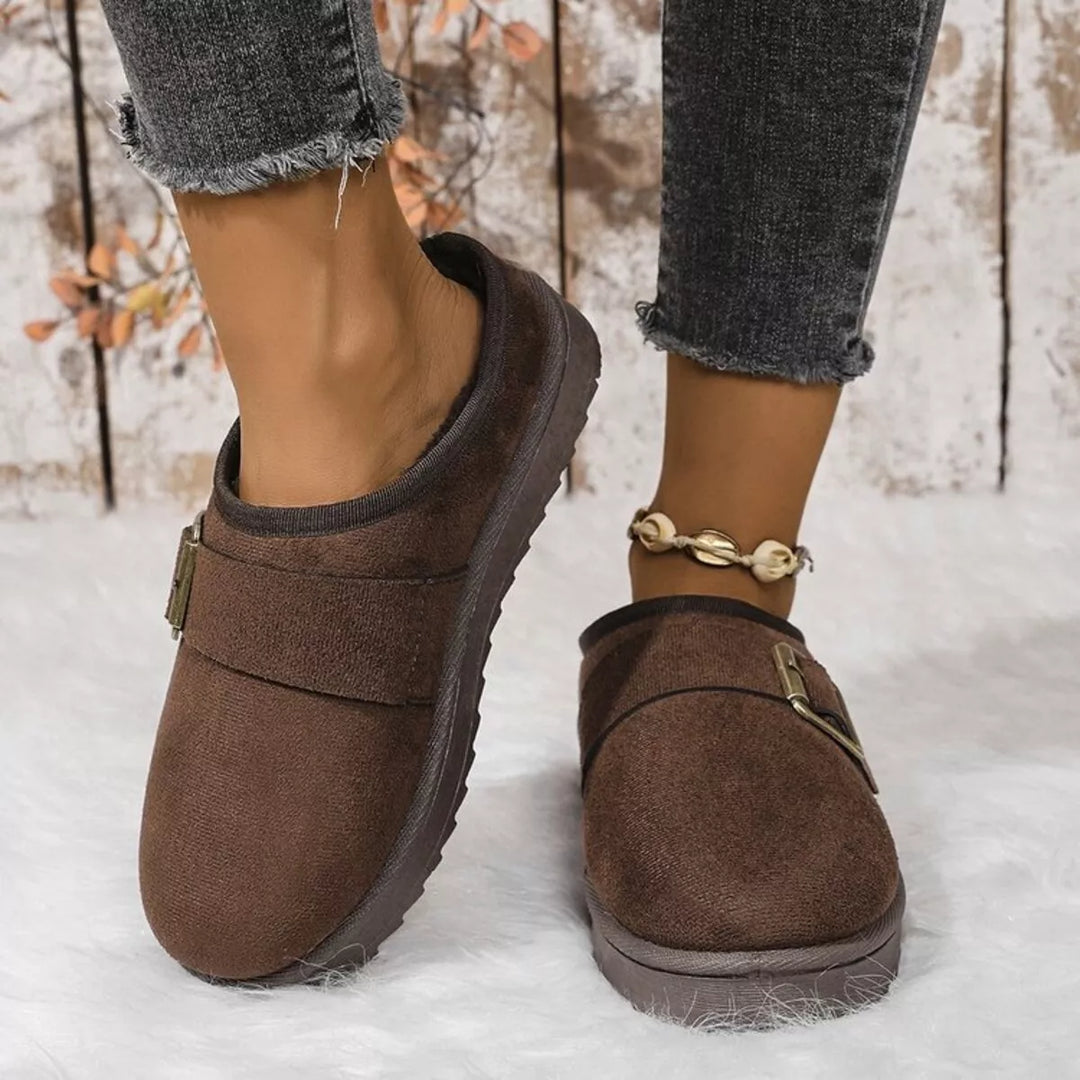 Buckle Decor Plush Lined Warm Slippers