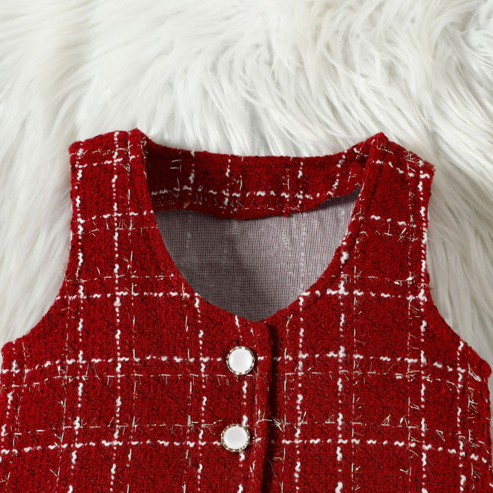 Children's Long Sleeve Top & Plaid Vest & Pleated Skirt Set