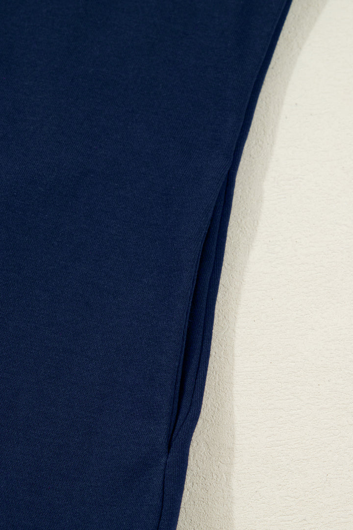 Navy Blue Contrast Striped Cuffs Polo Collar Patchwork Long Sleeve Ruffle Hem Mini Dress