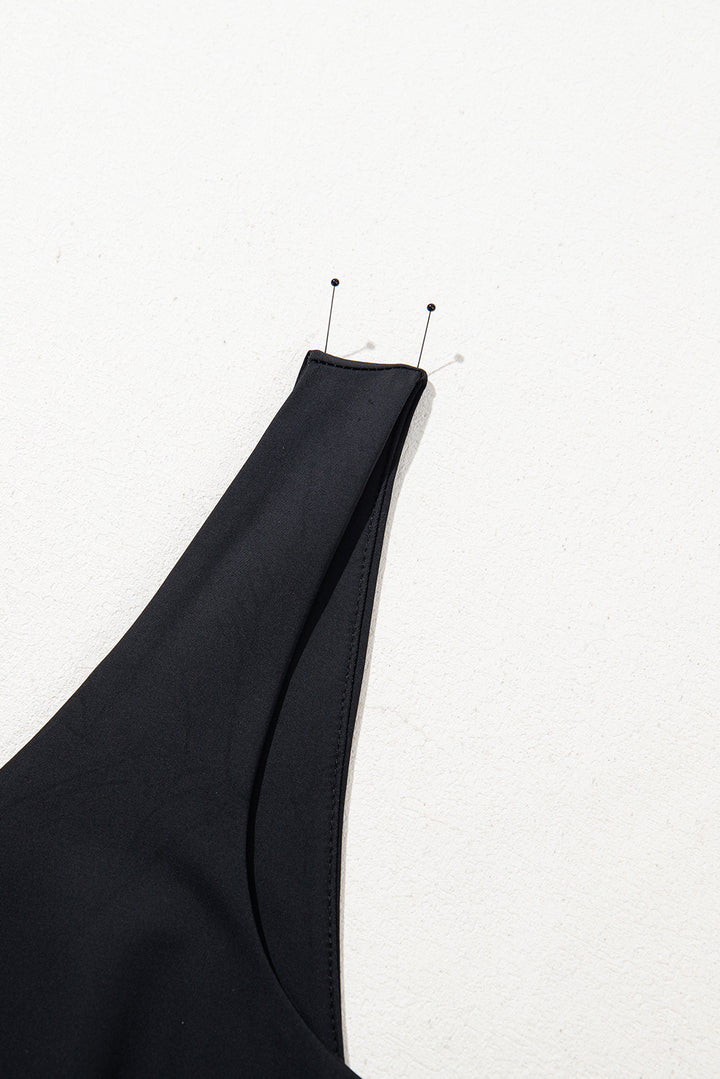 Black Plain Sleeveless Loop Drawstring Cinched Waist Romper