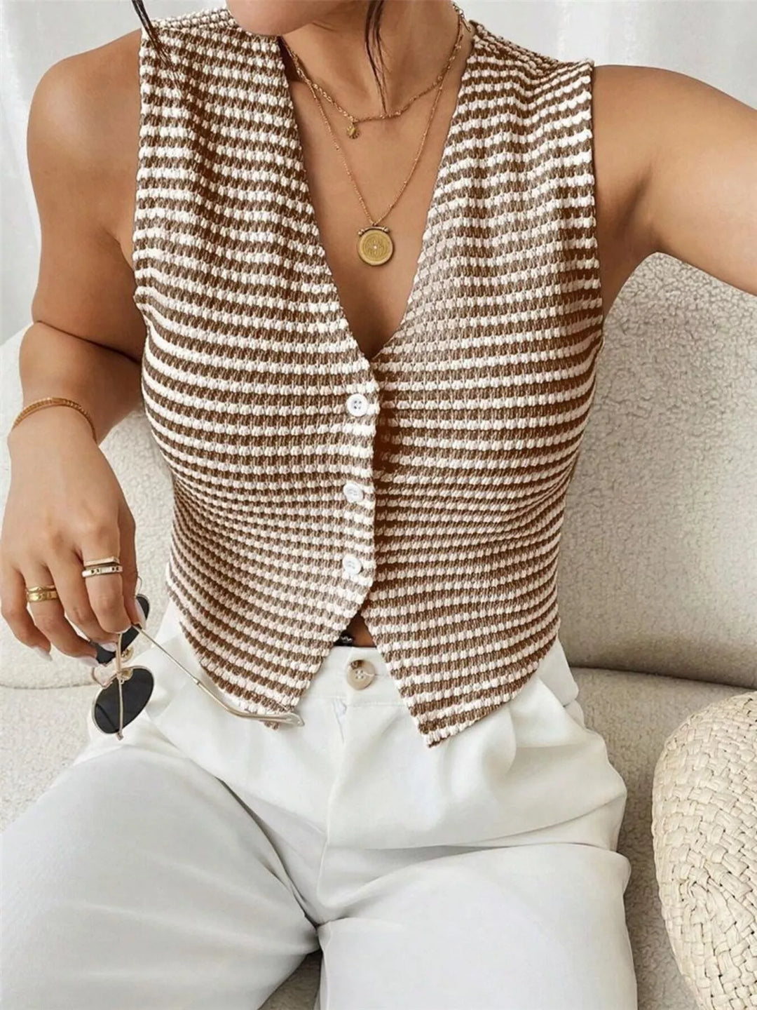 Striped Knit V-Neck Vest