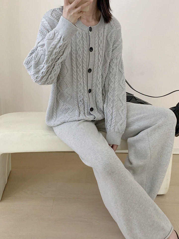 Cable Knit Cardigan & Wide Leg Pants Sweater Set