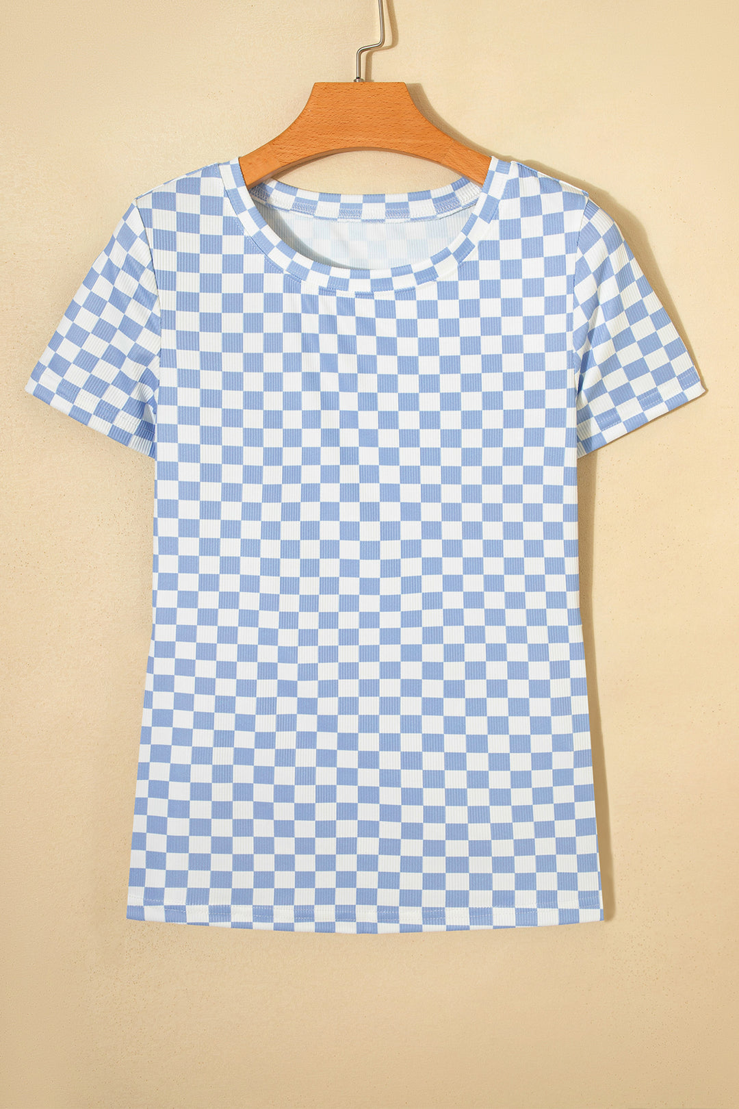 Sky Blue Checkered Ribbed Slim Fit Crew Neck T Shirt