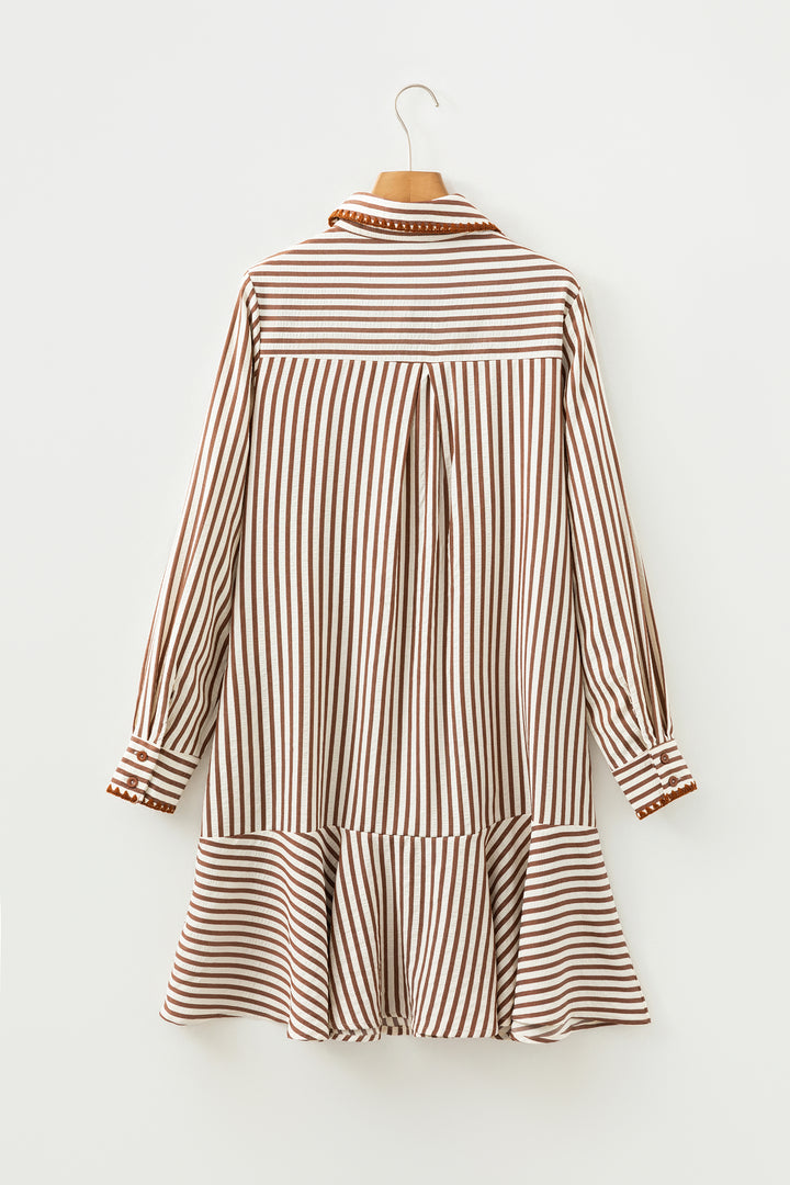 Khaki Stripe Shirt Collar Embroidered Trim Ruffle Hem Long Sleeve Mini Dress