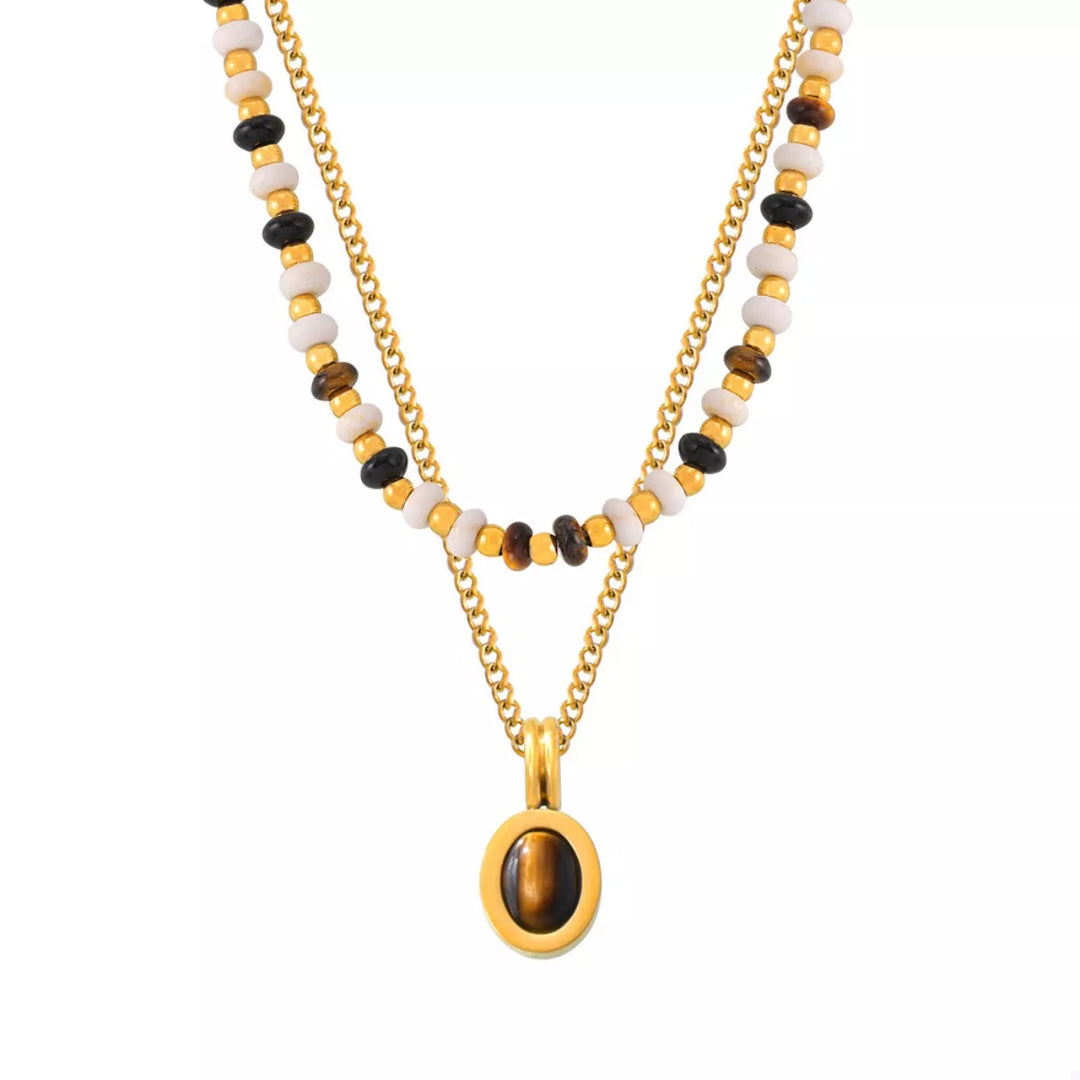 2 Piece Natural Stone and Gold Chain Necklace with Pendant