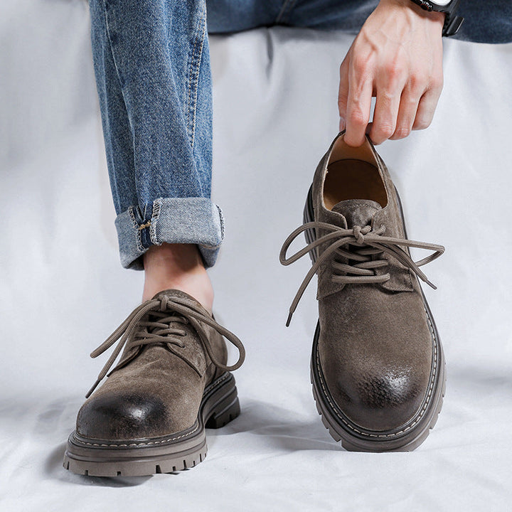 Youthful Round-toe Mens British-style Casual Pigskin Mid-heel Wide-toe Work Shoes