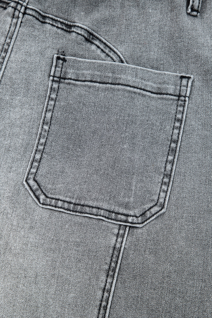 Gray Drawstring Seam Detail Raw Hem Wide Leg Denim Pants