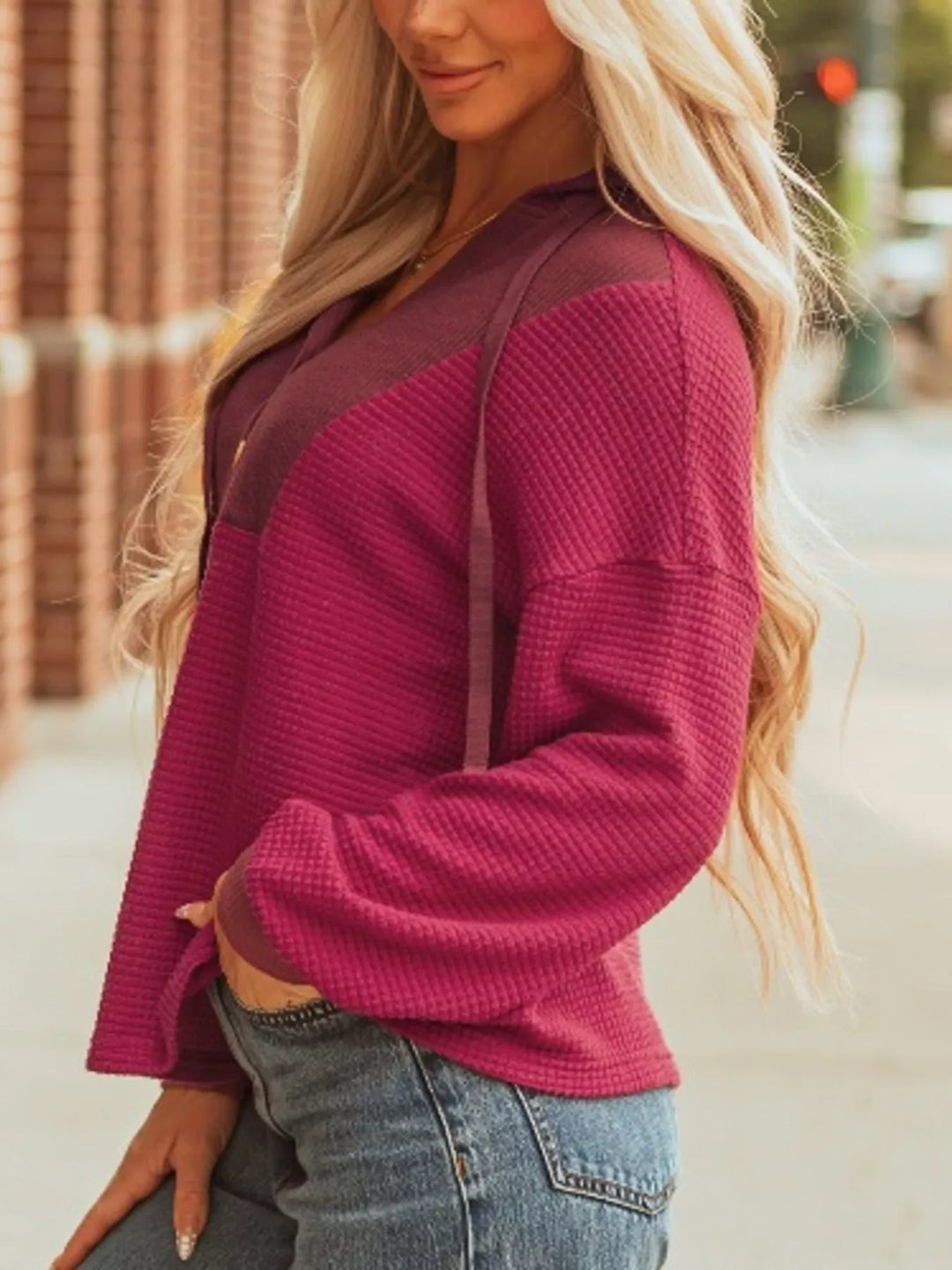 Waffle Knit Henley Sweatshirt with Button Detail