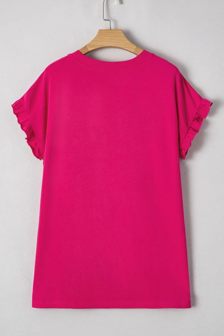 Frill Color Block Crew Neck Loose Fit T Shirt