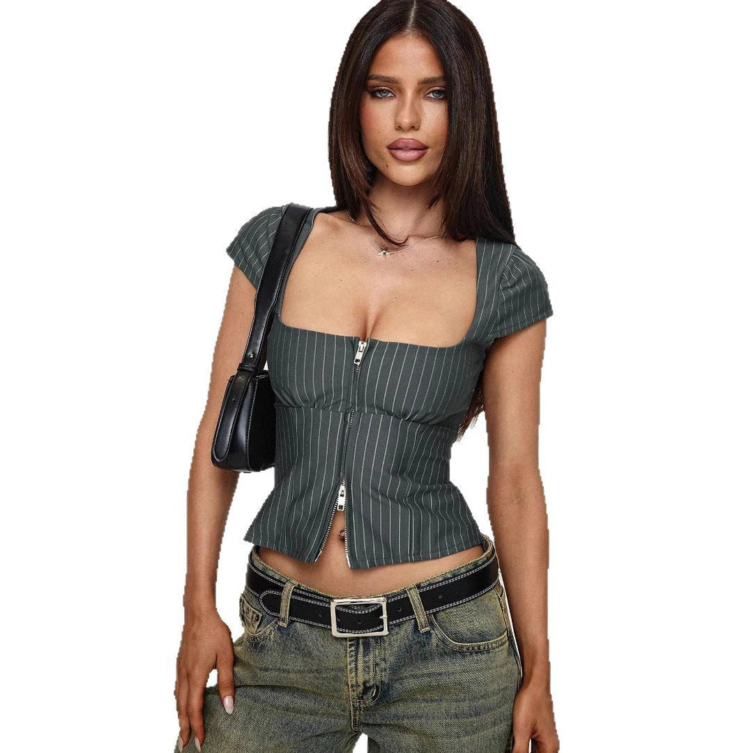 Women's Retro Square-neck Short-sleeve Top With Double Zippers