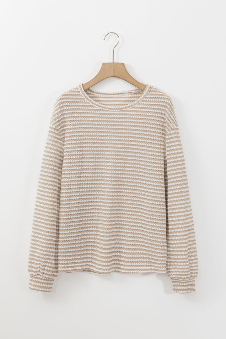 Khaki Stripe Round Neck Drop Shoulder Long Sleeve Top