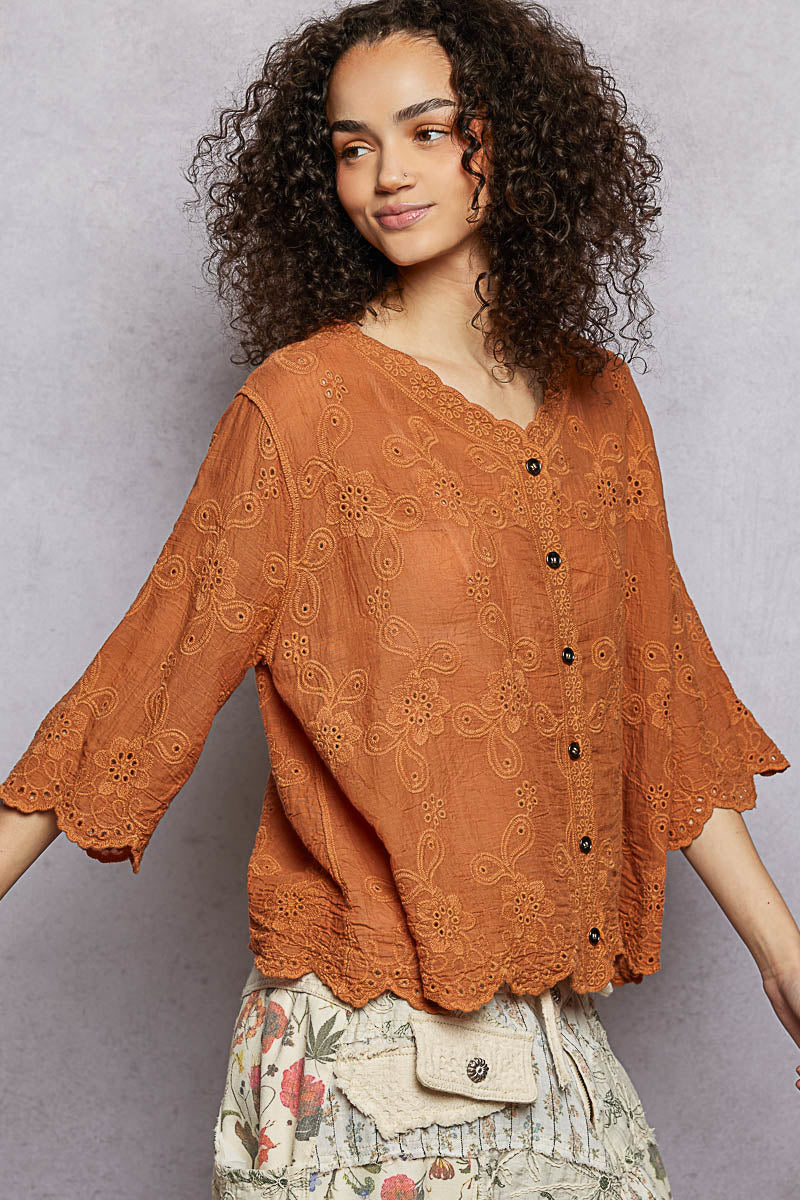 POL Floral Eyelet V-Neck Salloped Shirt