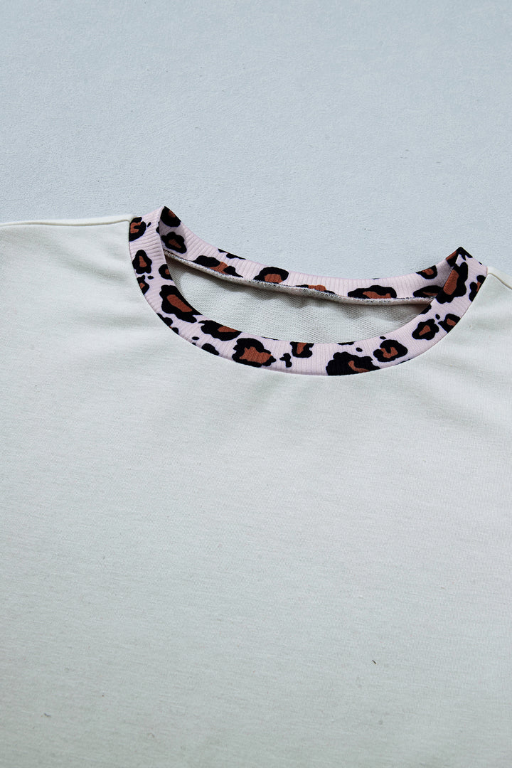 White Ribbed Leopard Patchwork Uneven Hem T Shirt