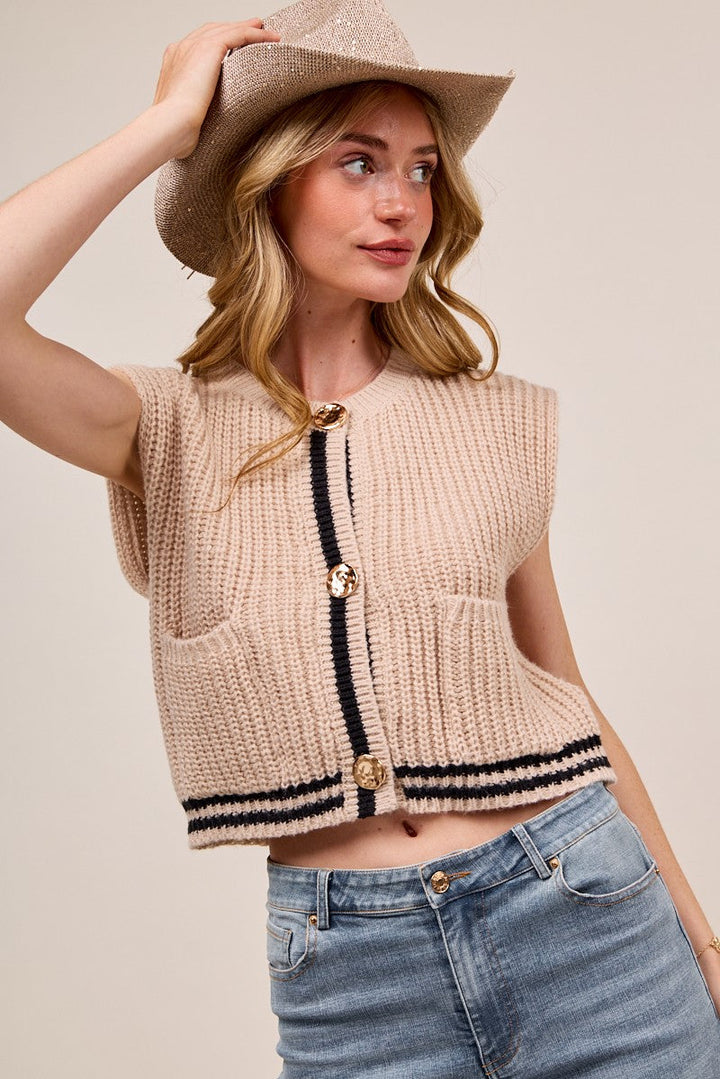 SO ME Big Metal Button Front Stripe Edge Knitted Sweater Vest