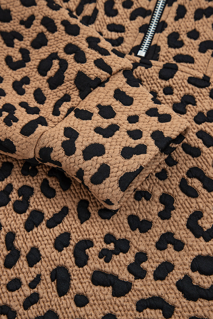 Brown Leopard Print Quarter Zip Sweatshirt