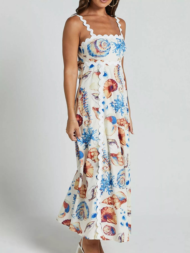 Seashell Print Scalloped Midi Dress