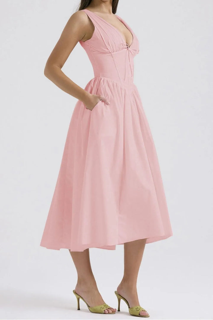 Ruched V-Neck Sleeveless Dress with Pockets