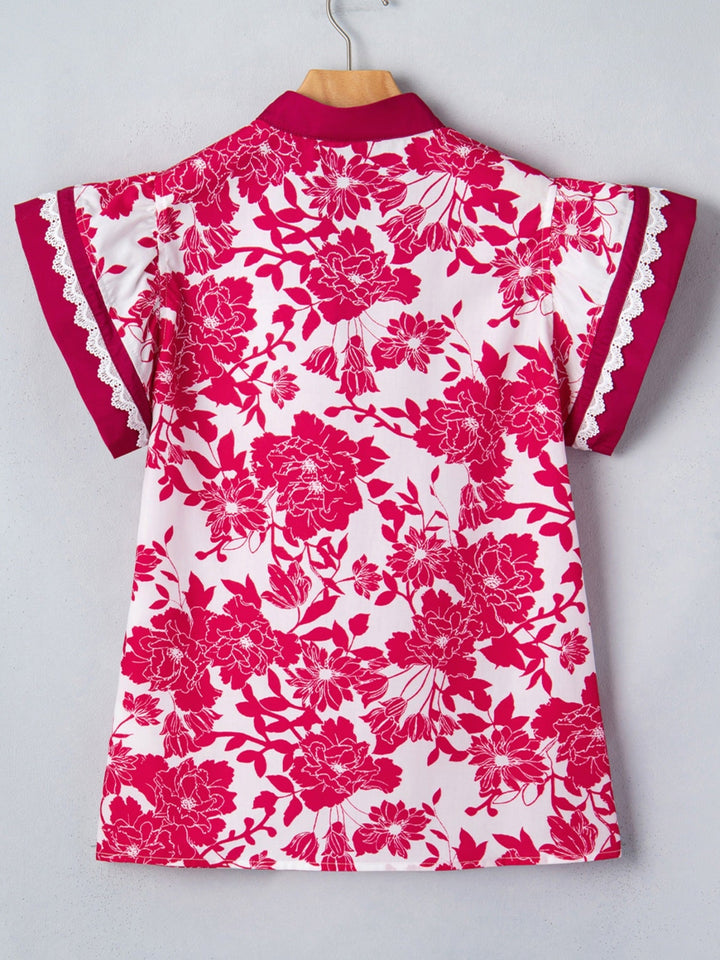 Floral Print Color Block Trim Lace Detail V Neck Flutter Sleeve Blouse