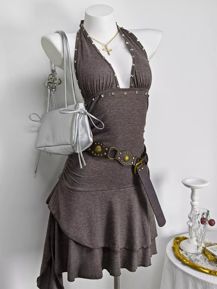 Studded Halter Neck Ruffle Hem Mini Dress