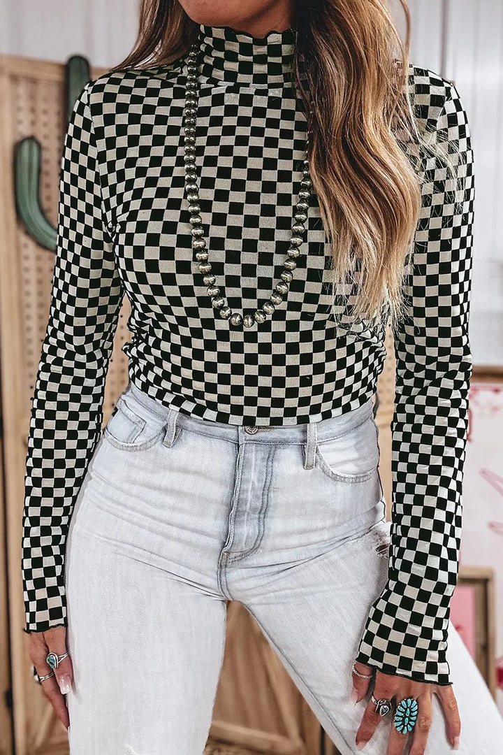 Plaid Stand Neck Long Sleeve Mesh Top