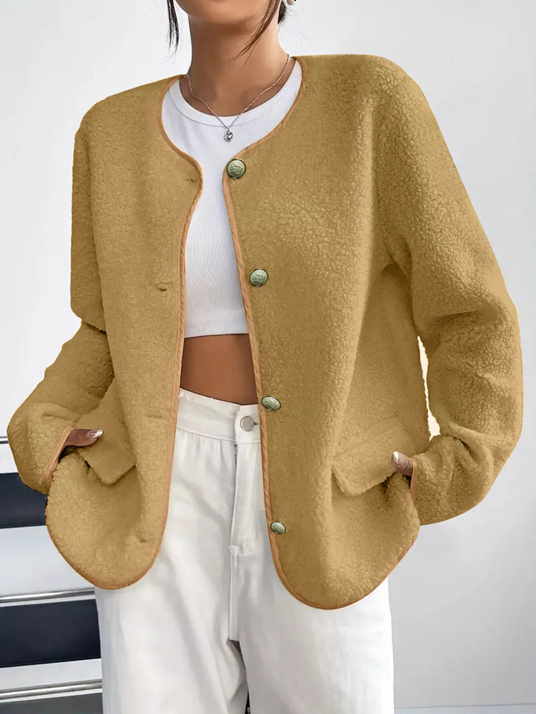 Full Size Textured Button-Up Fleece Outerwear Plus Size