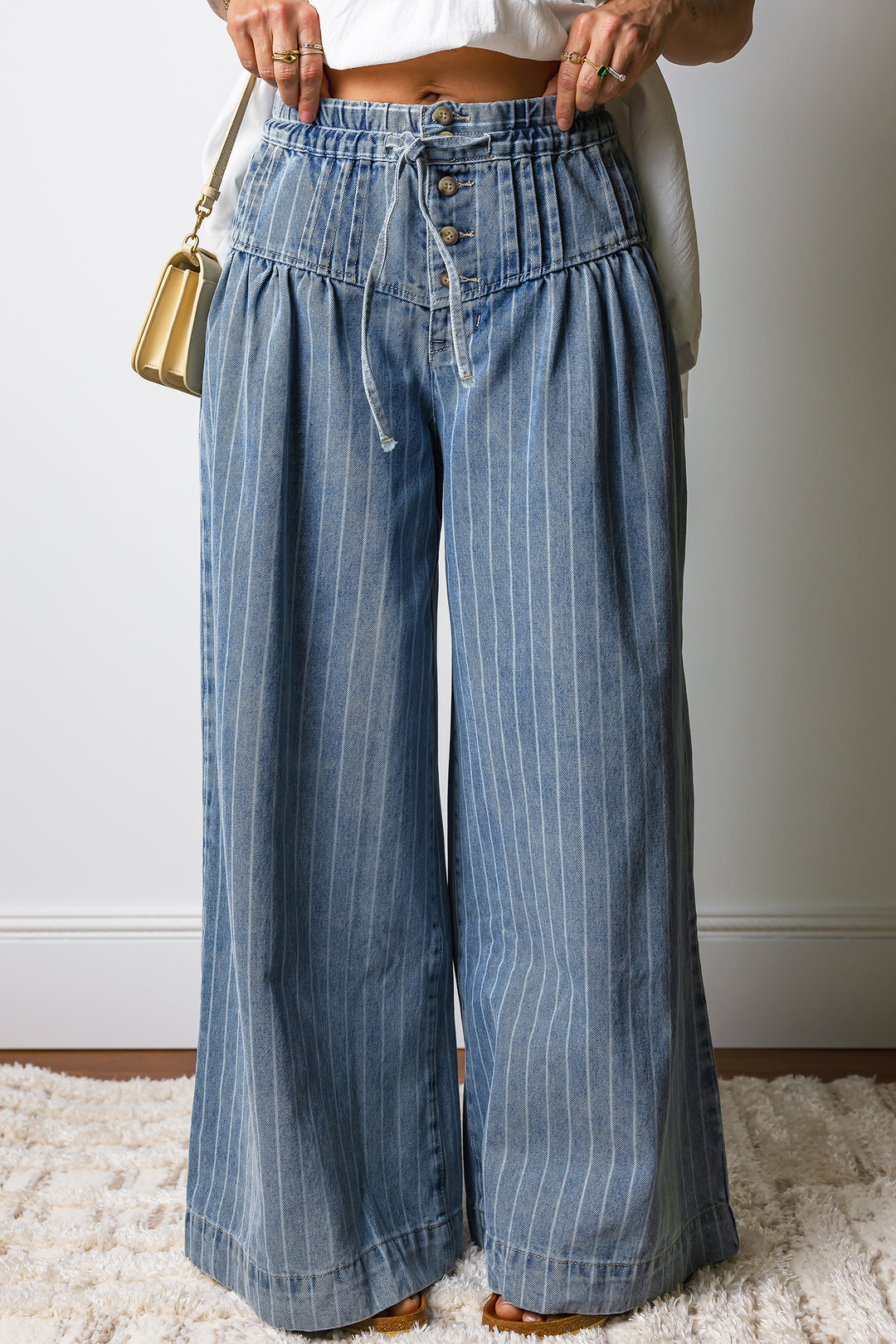 Sky Blue Stripe Button Pleated Drawstring Waist Casual Wide Leg Jeans