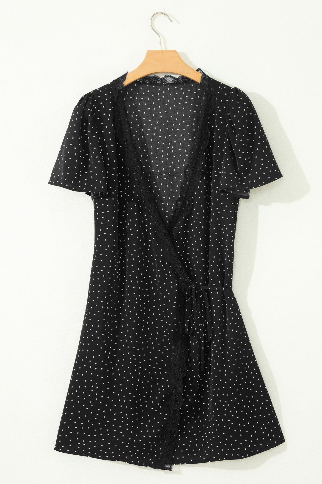 Black Polka Dot Print Lace Trim Wrap Mini Dress