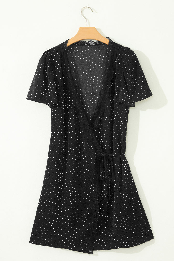 Black Polka Dot Print Lace Trim Wrap Mini Dress