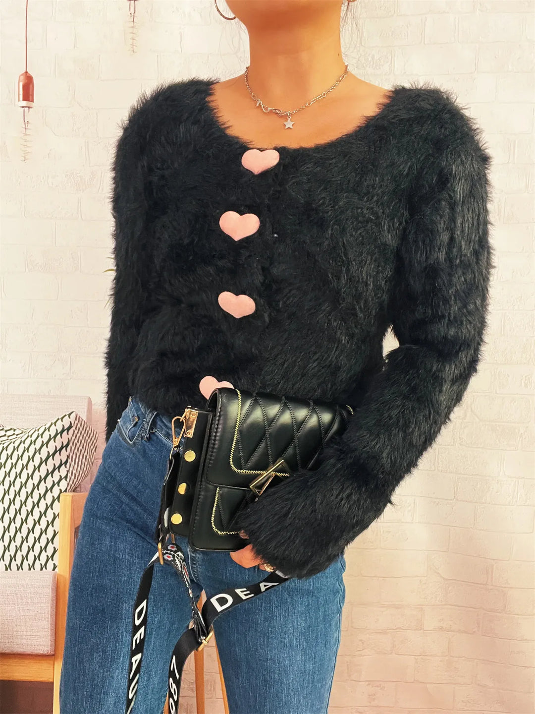 Fuzzy Heart Shape Button-Up Cardigan