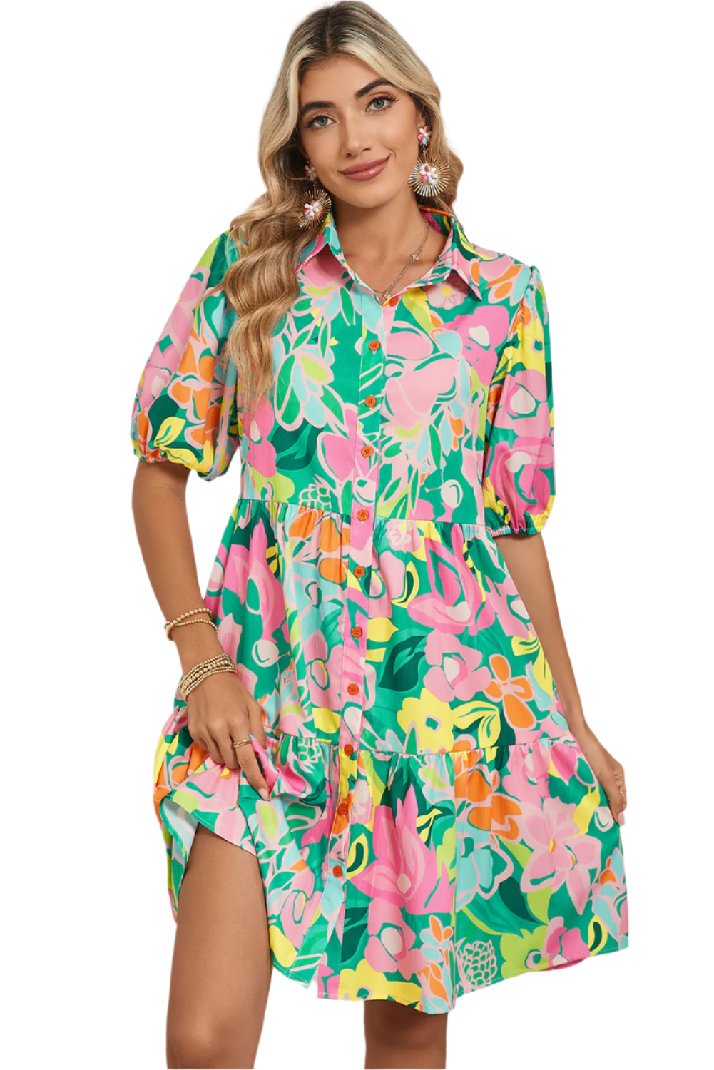 Robe babydoll boutonnée à manches bouffantes et motif floral vert