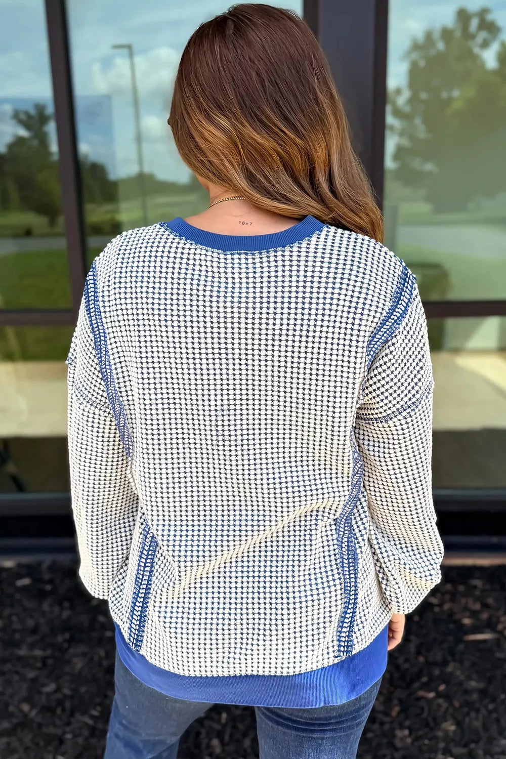 Contrast Stitching Slit Round Neck Sweatshirt
