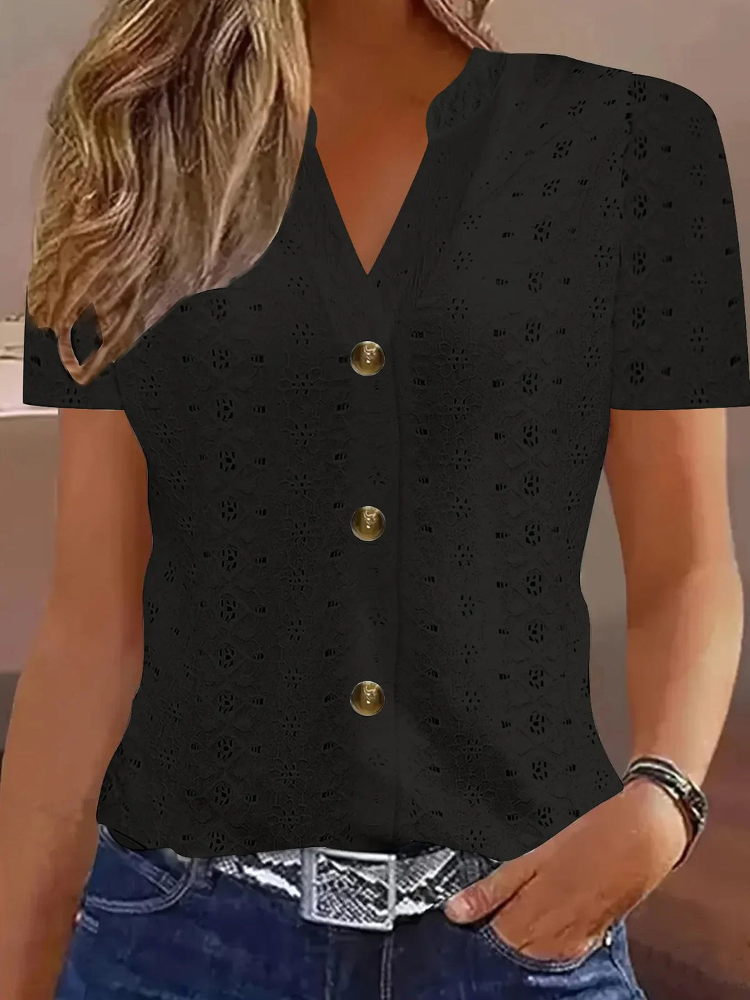 Openwork Notched Short Sleeve Top