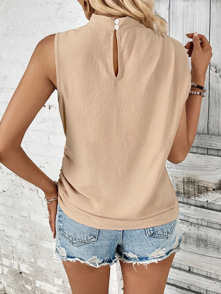Ruched Shoulder Mock Neck Sleeveless Top