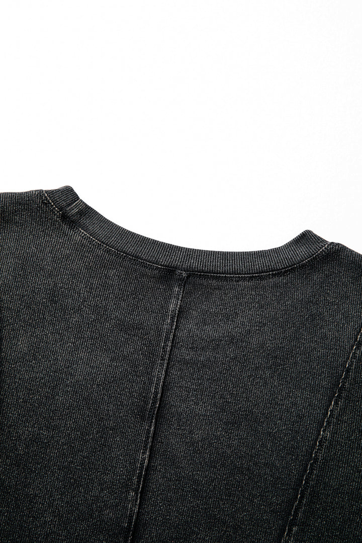 Black Exposed Seam Ribbed Long Sleeve Top