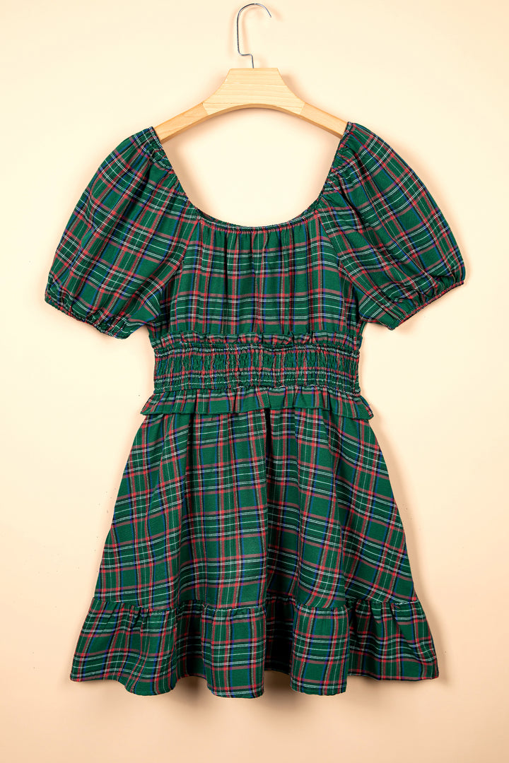 Green Plaid Shirred U Neck Short Sleeve Mini Dress
